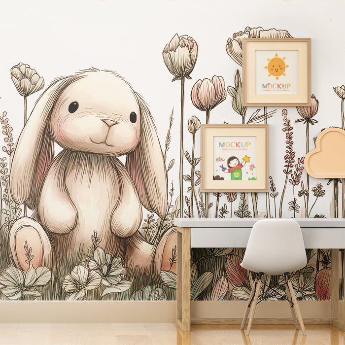 Papier peint chambre bébé | Lapin mignon au milieu des fleurs délicates