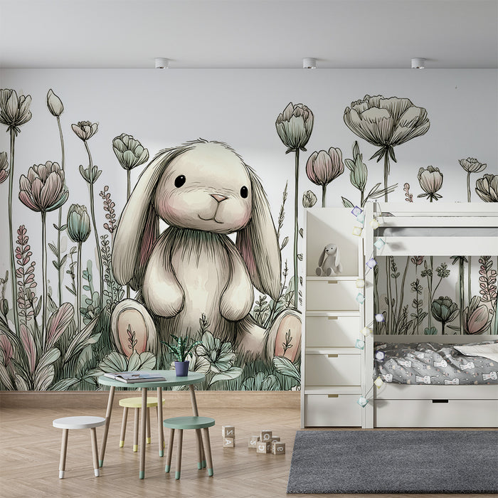 Papier peint chambre bébé | Lapin mignon au milieu des fleurs délicates