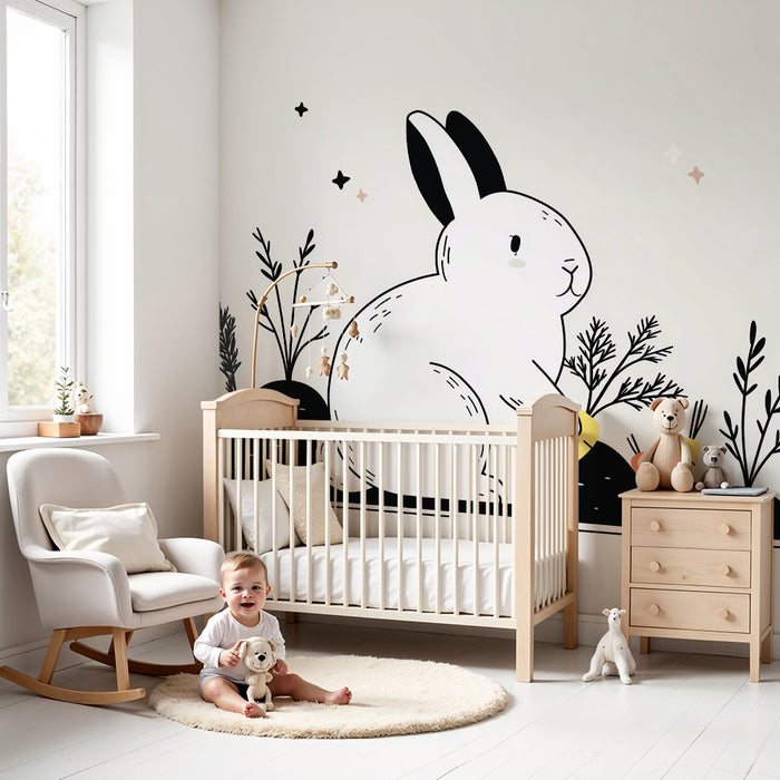 Papier peint chambre bébé | Lapin mignon avec carottes et plantes