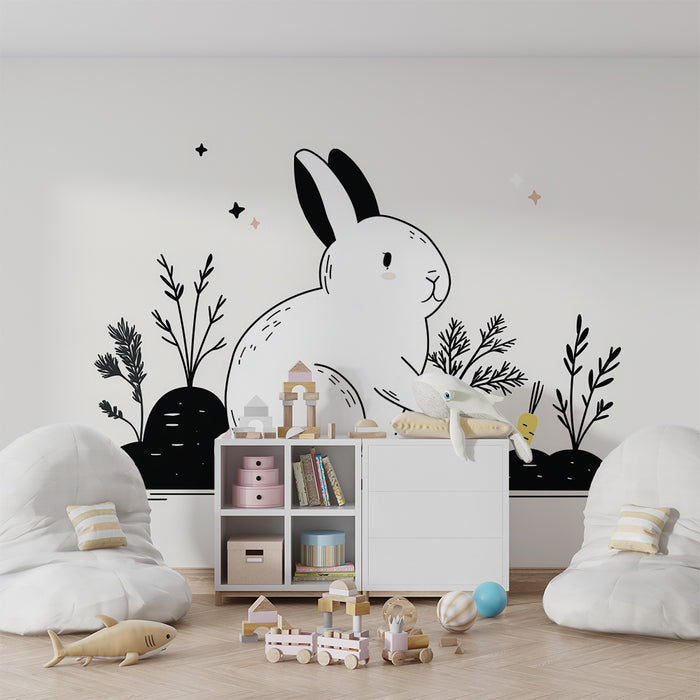 Papier peint chambre bébé | Lapin mignon avec carottes et plantes