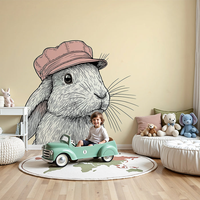 Lastenhuoneen tapetti | Söpö pupu hatulla pehmeällä taustalla