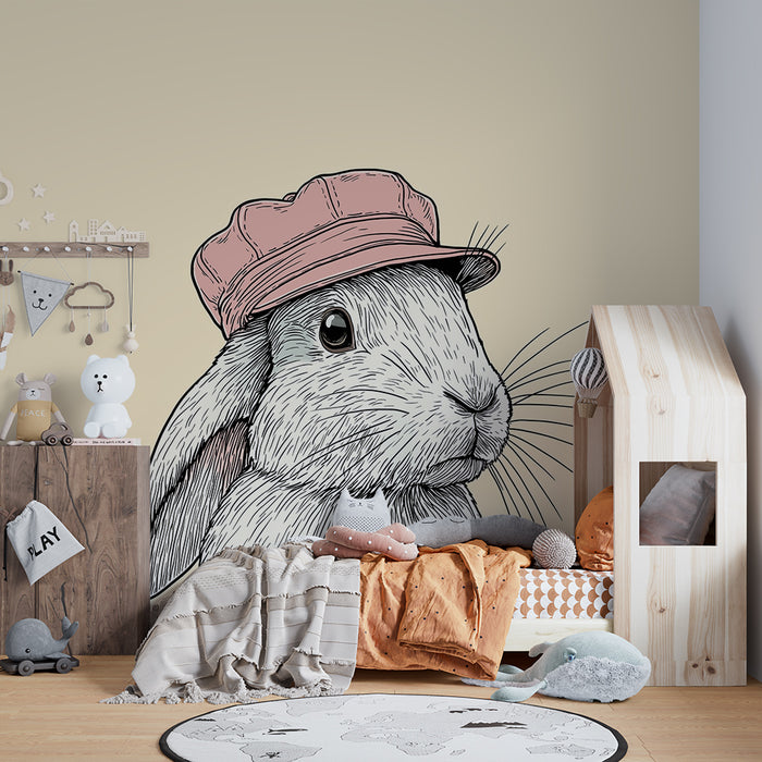 Lastenhuoneen tapetti | Söpö pupu hatulla pehmeällä taustalla