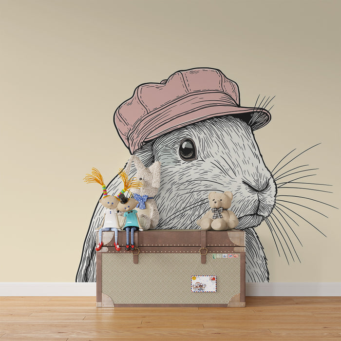 Lastenhuoneen tapetti | Söpö pupu hatulla pehmeällä taustalla