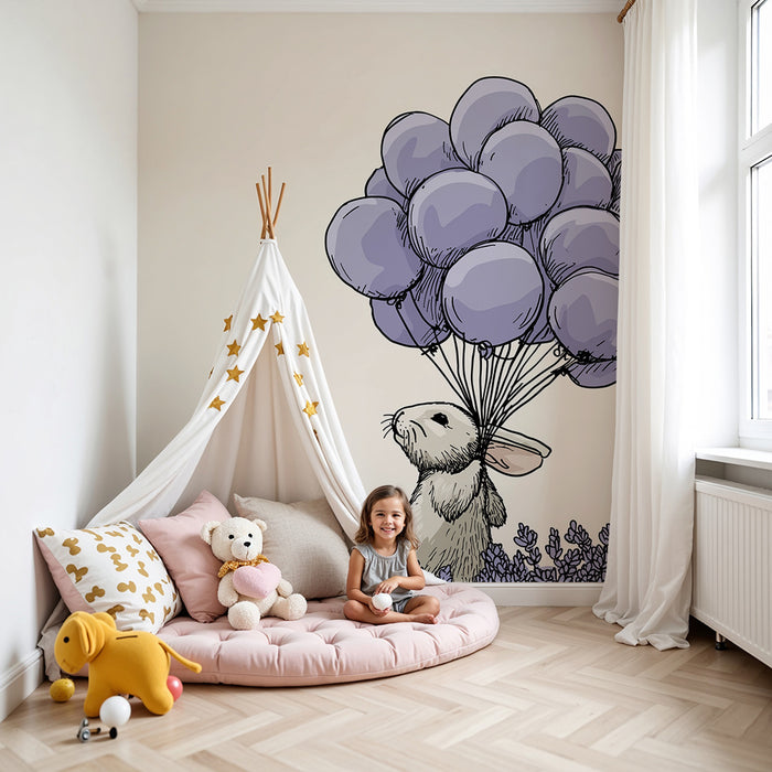 Babyzimmer-Tapete | Niedliches Kaninchen mit lila Ballons in Lavendelfeldern