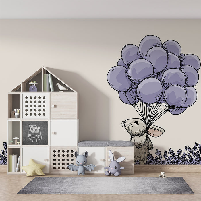 Babyzimmer-Tapete | Niedliches Kaninchen mit lila Ballons in Lavendelfeldern