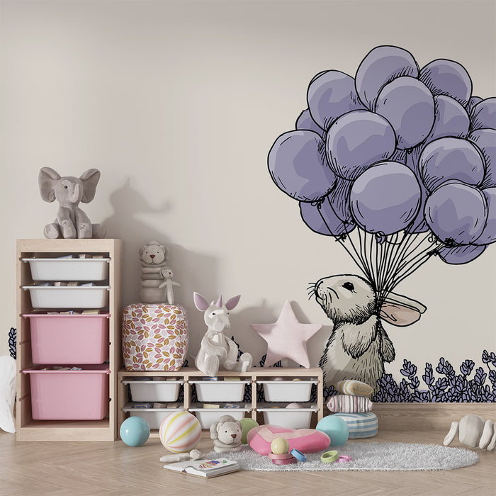 Babyzimmer-Tapete | Niedliches Kaninchen mit lila Ballons in Lavendelfeldern