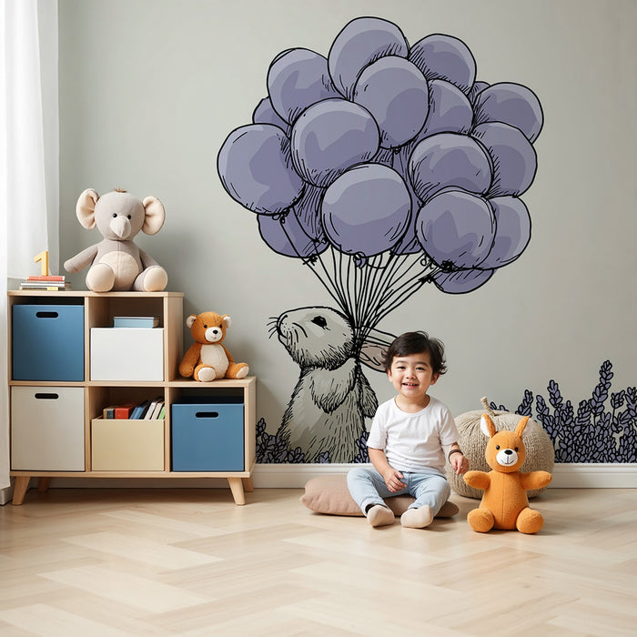 Barntapet | Söt kanin med lila ballonger mitt i lavendel