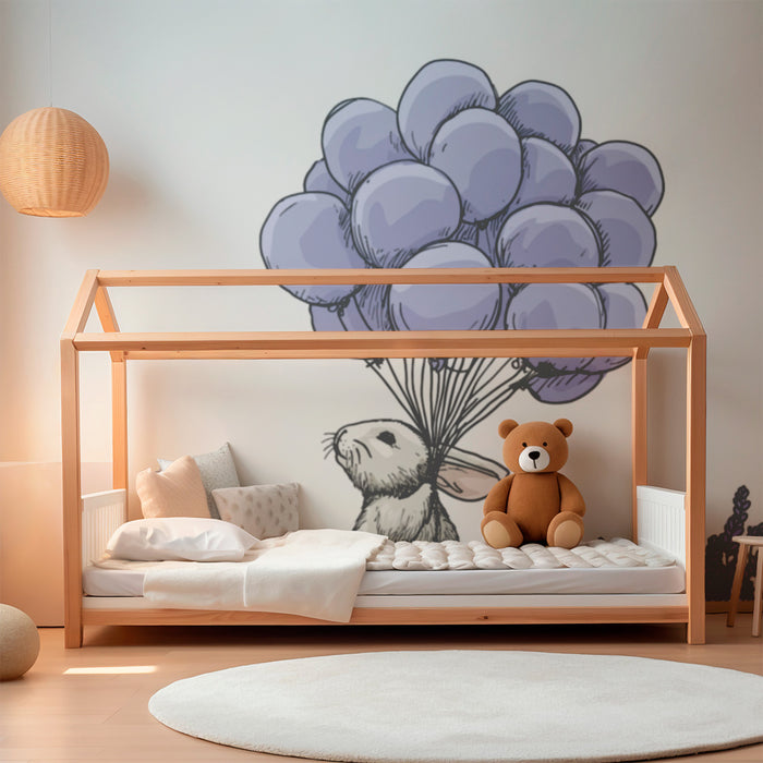 Barntapet | Söt kanin med lila ballonger mitt i lavendel