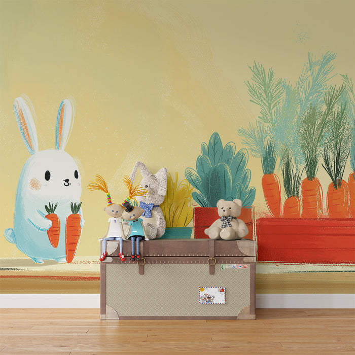 Lastenhuoneen tapetti | Söpö pupu porkkanoilla ja värikkäillä kasveilla