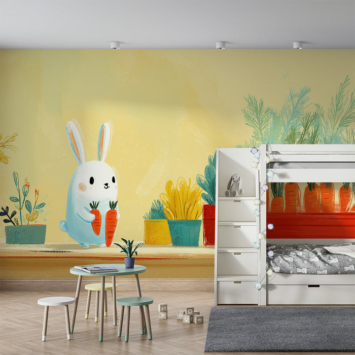 Lastenhuoneen tapetti | Söpö pupu porkkanoilla ja värikkäillä kasveilla