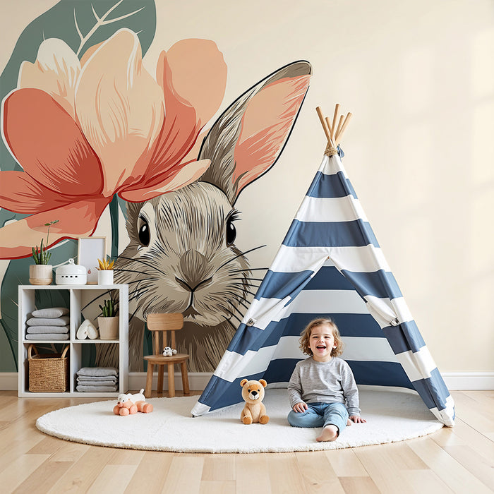 Carta da parati bambini | Coniglio carino con fiore delicato