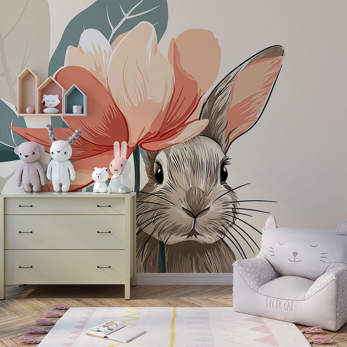 Carta da parati bambini | Coniglio carino con fiore delicato