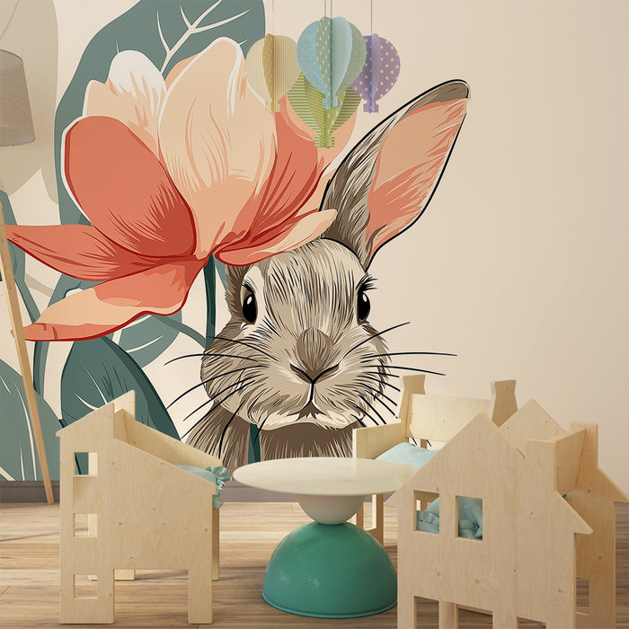 Carta da parati bambini | Coniglio carino con fiore delicato