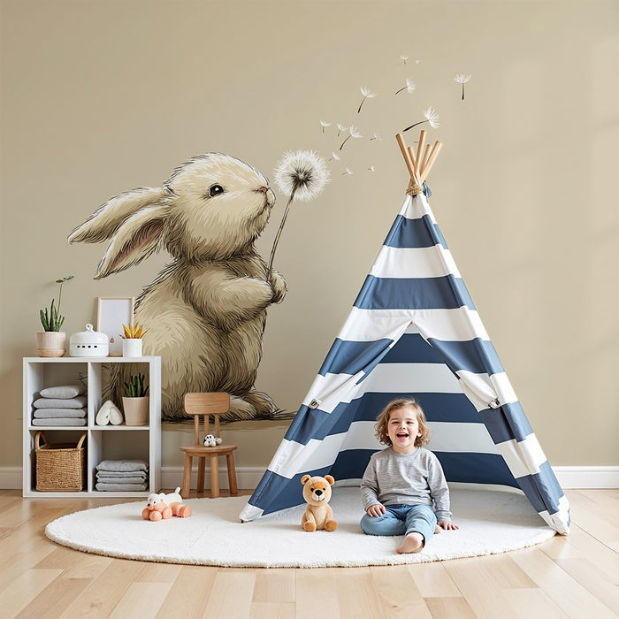 Lastenhuoneen tapetti | Söpö pupu voikukalla ja hajallaan olevilla kukilla