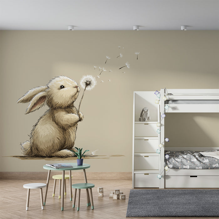 Lastenhuoneen tapetti | Söpö pupu voikukalla ja hajallaan olevilla kukilla