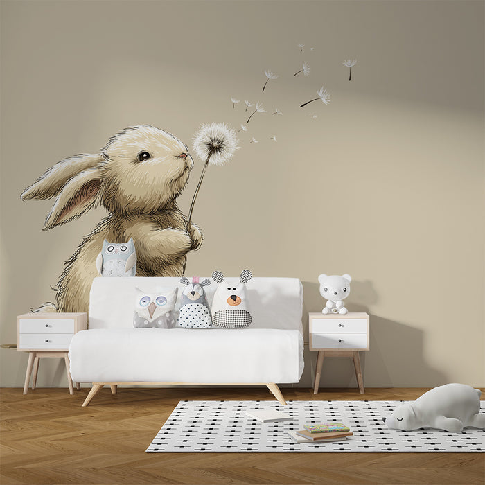 Lastenhuoneen tapetti | Söpö pupu voikukalla ja hajallaan olevilla kukilla