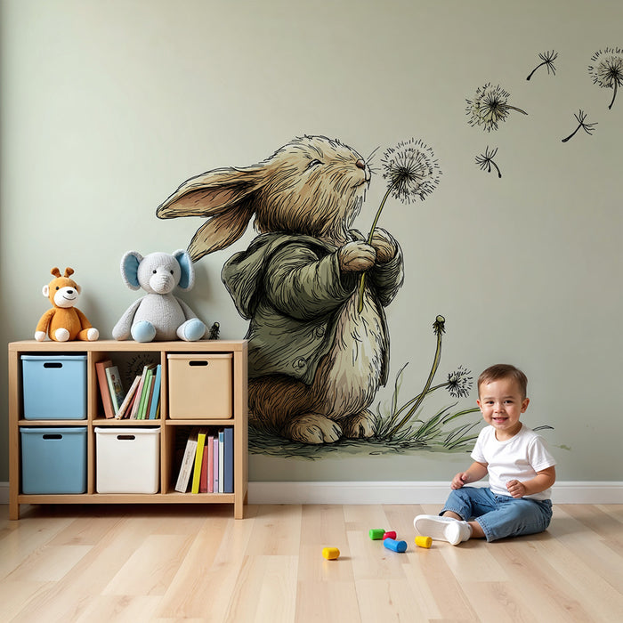 Paberi tapeet beebi tuba | Armas jänes võililledega õrnas keskkonnas