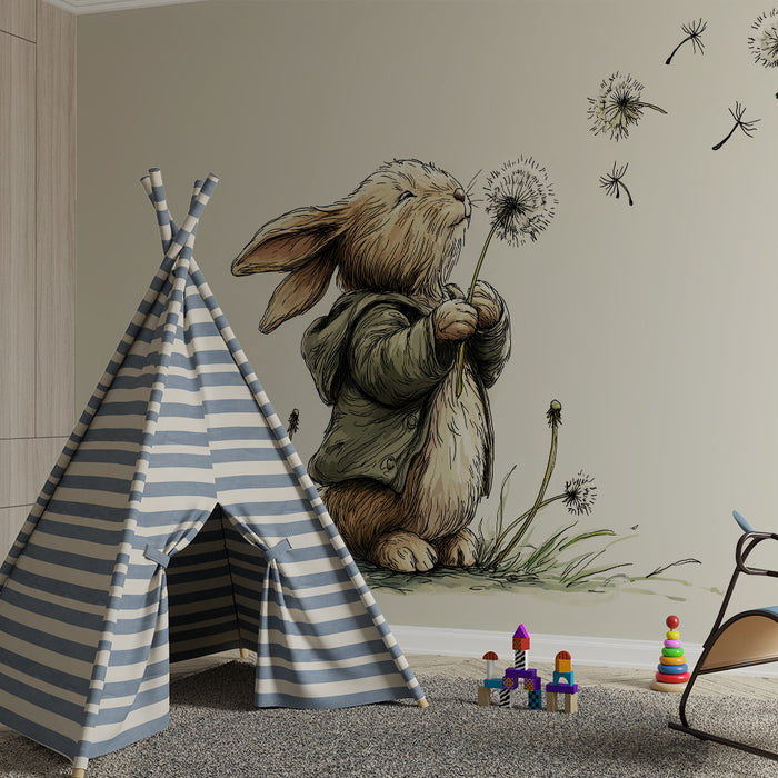 Paberi tapeet beebi tuba | Armas jänes võililledega õrnas keskkonnas