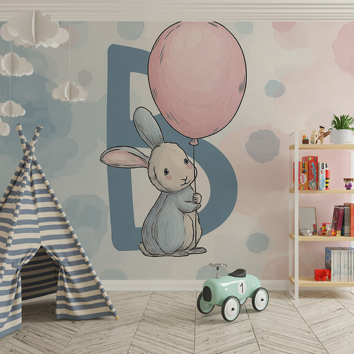 Papel de parede quarto bebê | Srčkan zajček s pink balonom na pastelni podlagi