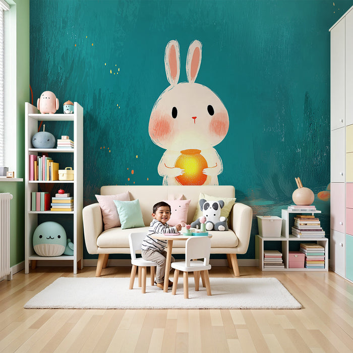 Carta da parati bambini | Coniglio carino con una lanterna in un mondo acquatico colorato