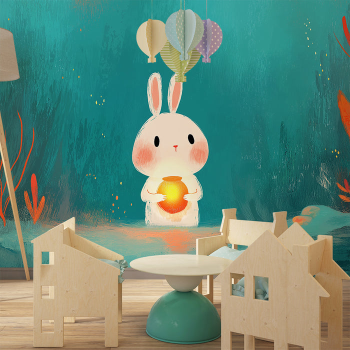 Carta da parati bambini | Coniglio carino con una lanterna in un mondo acquatico colorato