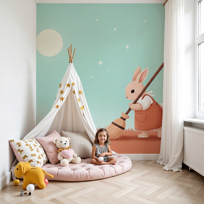 Barntapet | Söt kanin sopar under månen