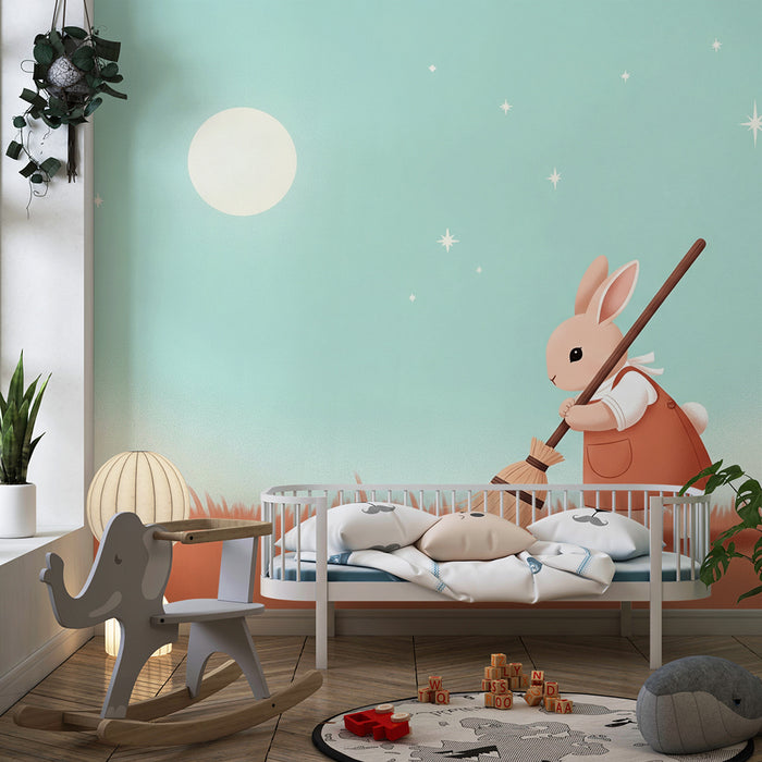 Barntapet | Söt kanin sopar under månen