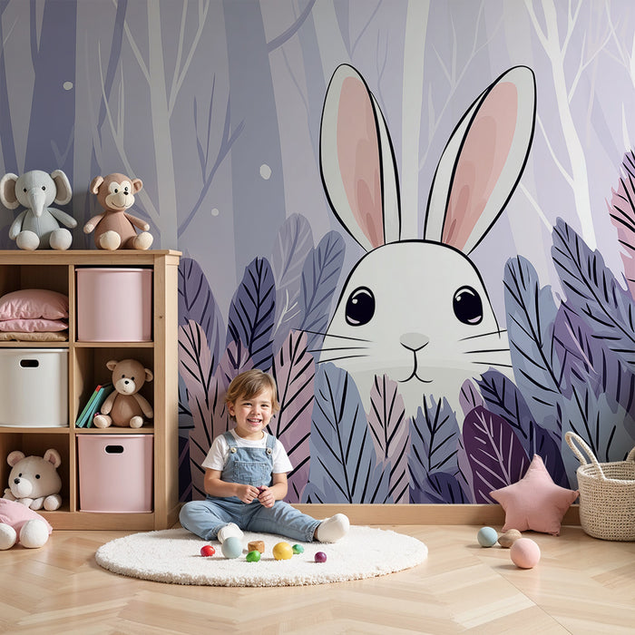 Carta da parati bambini | Coniglio carino nascosto in una foglia pastello