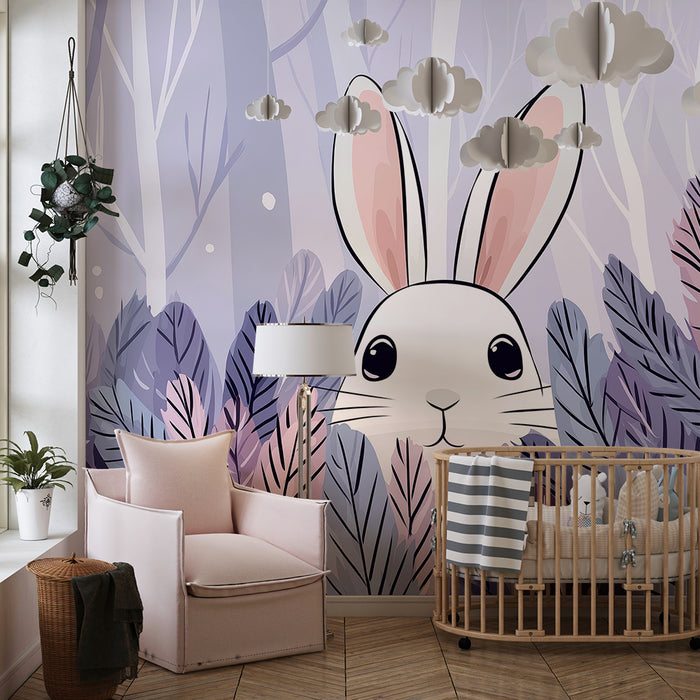 Carta da parati bambini | Coniglio carino nascosto in una foglia pastello