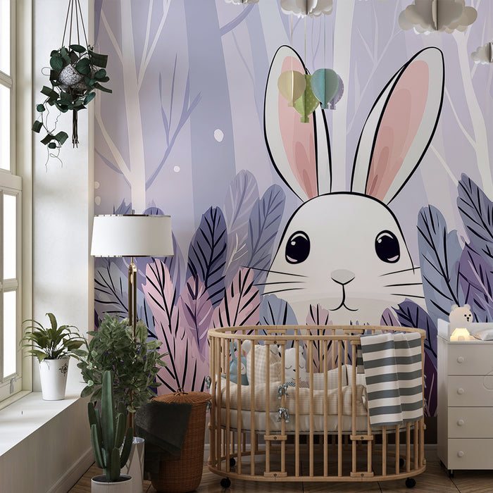 Carta da parati bambini | Coniglio carino nascosto in una foglia pastello