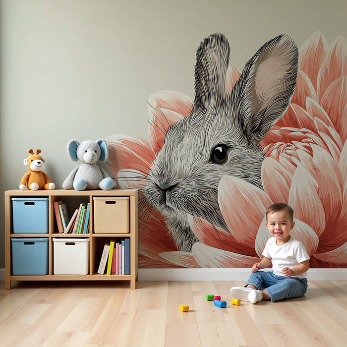 Carta da parati bambini | Coniglietto carino nascosto in un fiore delicato