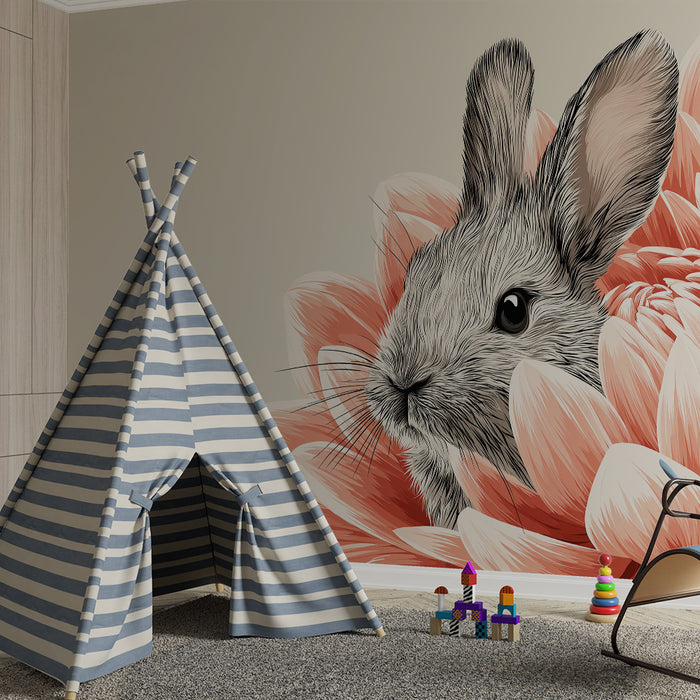 Carta da parati bambini | Coniglietto carino nascosto in un fiore delicato