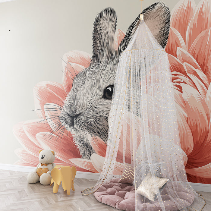 Carta da parati bambini | Coniglietto carino nascosto in un fiore delicato