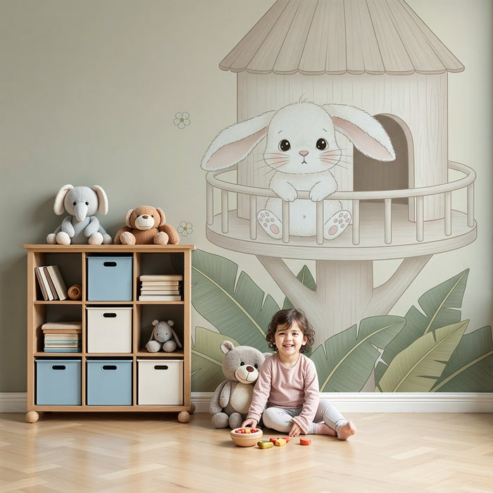 Papier peint chambre bébé | Lapin mignon dans sa maison dans les arbres