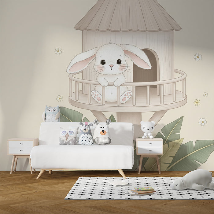Papier peint chambre bébé | Lapin mignon dans sa maison dans les arbres