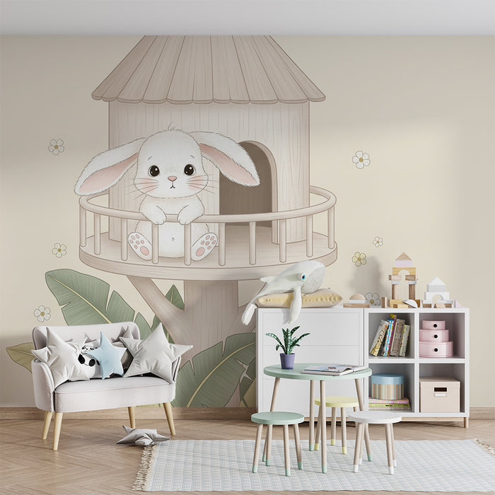 Papier peint chambre bébé | Lapin mignon dans sa maison dans les arbres
