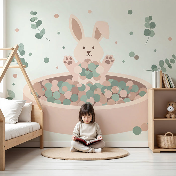 Lastenhuoneen tapetti | Söpö pupu värikkäiden pallojen laatikossa