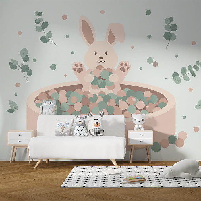 Lastenhuoneen tapetti | Söpö pupu värikkäiden pallojen laatikossa