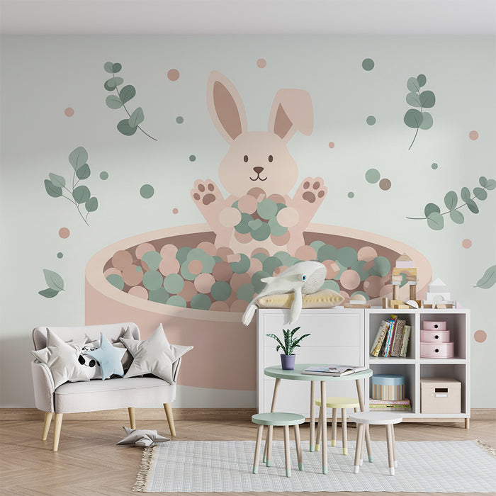 Lastenhuoneen tapetti | Söpö pupu värikkäiden pallojen laatikossa