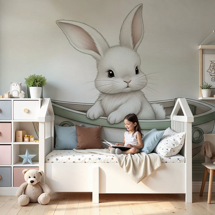 Papier peint chambre bébé | Lapin mignon dans un bateau