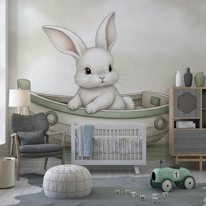Papier peint chambre bébé | Lapin mignon dans un bateau