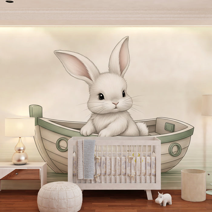 Papier peint chambre bébé | Lapin mignon dans un bateau