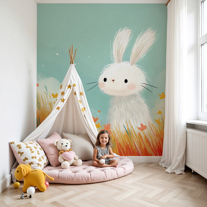 Lastenhuoneen tapetti | Söpö pupu värikkäiden kukkien kentällä