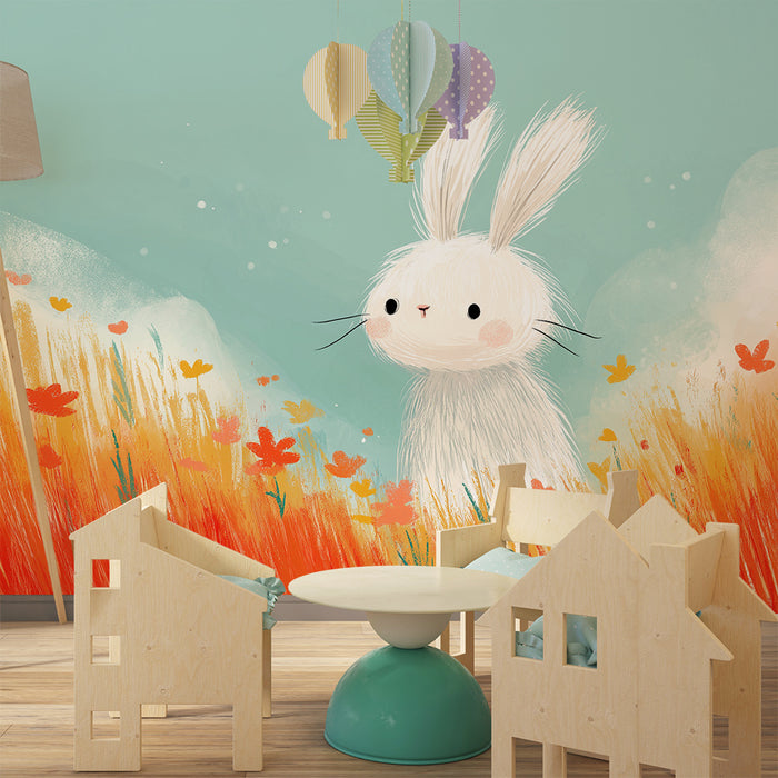 Lastenhuoneen tapetti | Söpö pupu värikkäiden kukkien kentällä