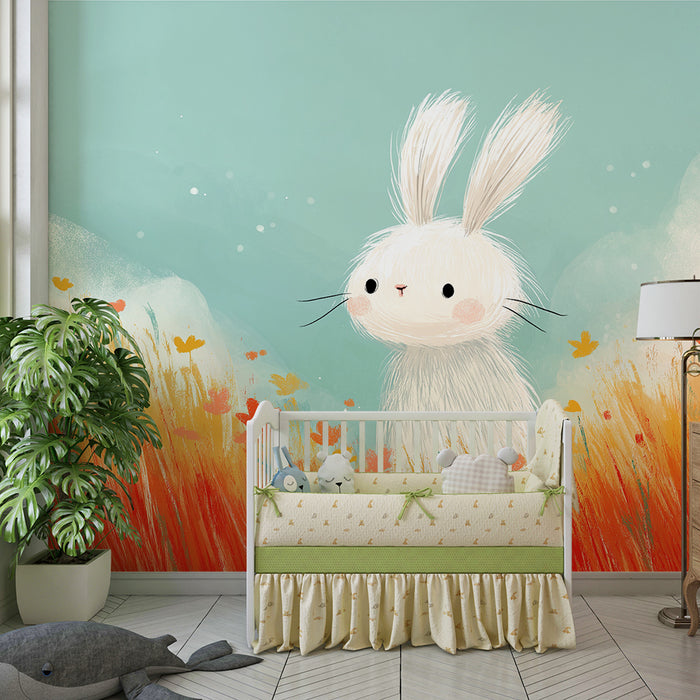 Lastenhuoneen tapetti | Söpö pupu värikkäiden kukkien kentällä