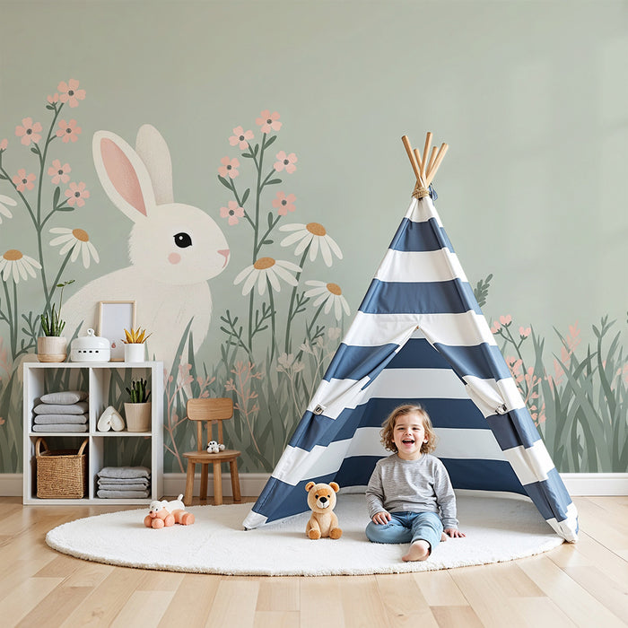 Papel de parede quarto bebê | Coelho fofo num campo de flores delicadas