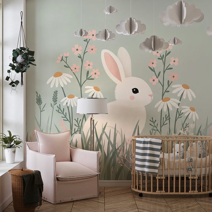 Papel de parede quarto bebê | Coelho fofo num campo de flores delicadas