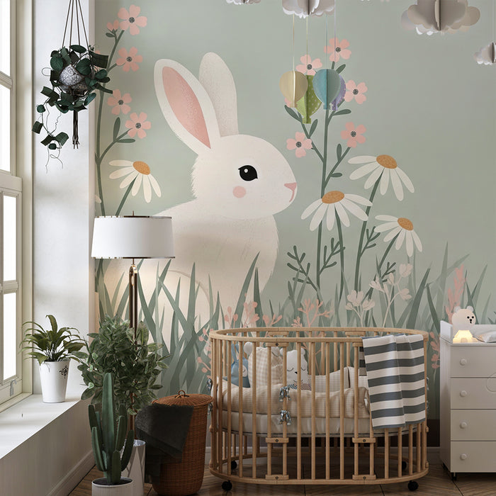 Papel de parede quarto bebê | Coelho fofo num campo de flores delicadas