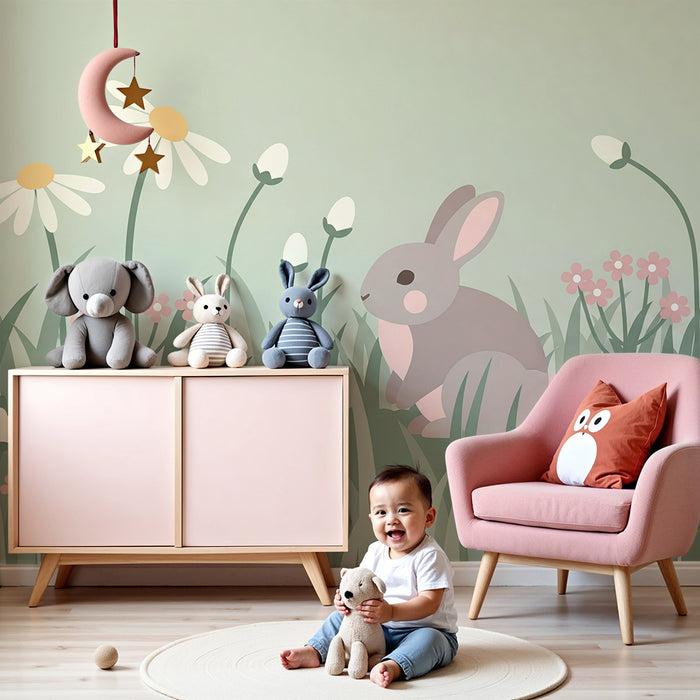 Papel de parede quarto bebê | Симпатичен заек в поле от пастелни цветя