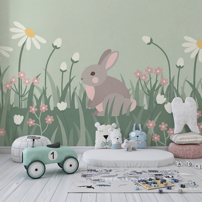 Papel de parede quarto bebê | Симпатичен заек в поле от пастелни цветя